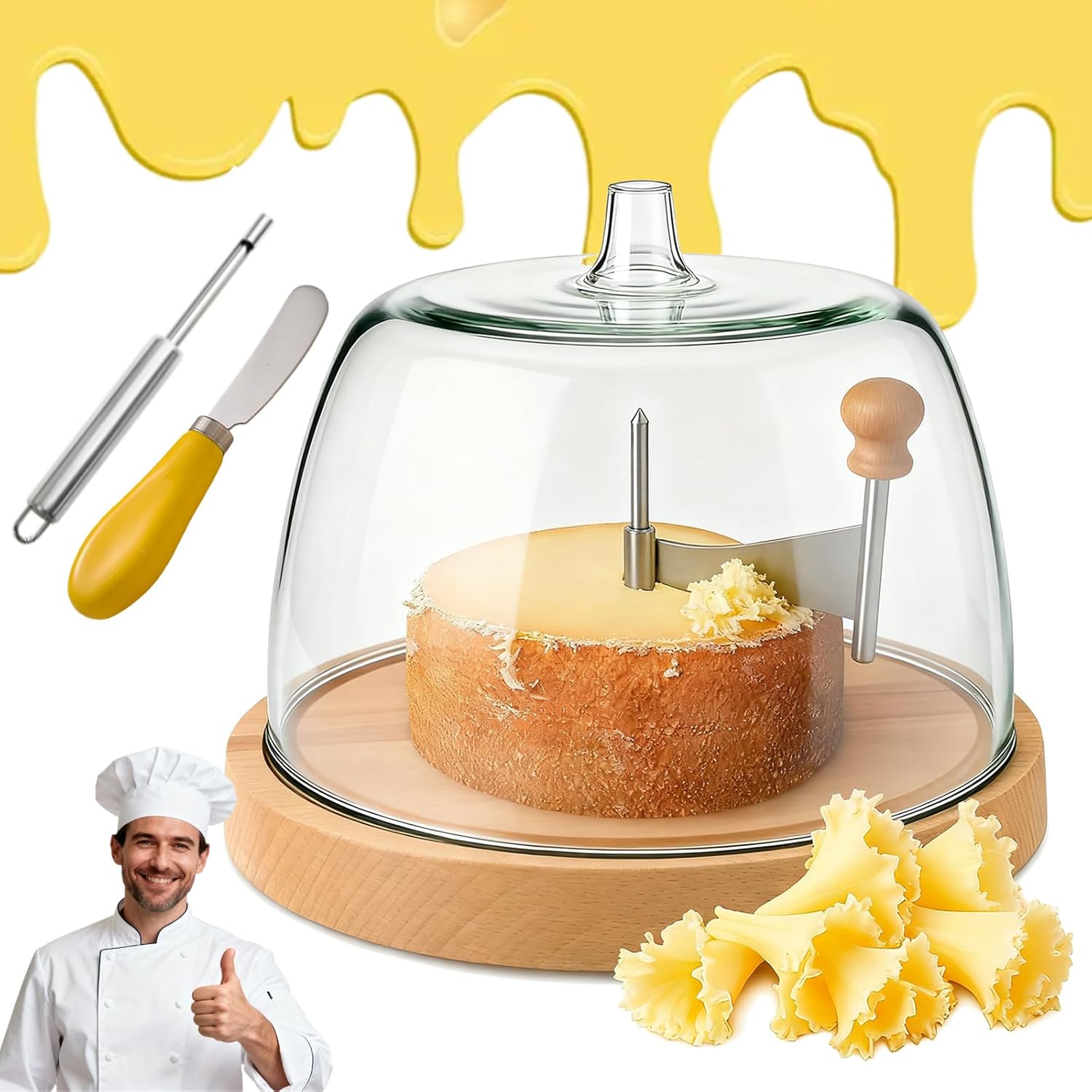 Cheese Curler Wheel with Lid, 2026 New Stainless Steel Flower Maker Wheel Slicer, Sharp Blade Cheese & Chocolate Shaver with Wooden Base, Create Beautiful Cheese Rose Flowers (Style B)