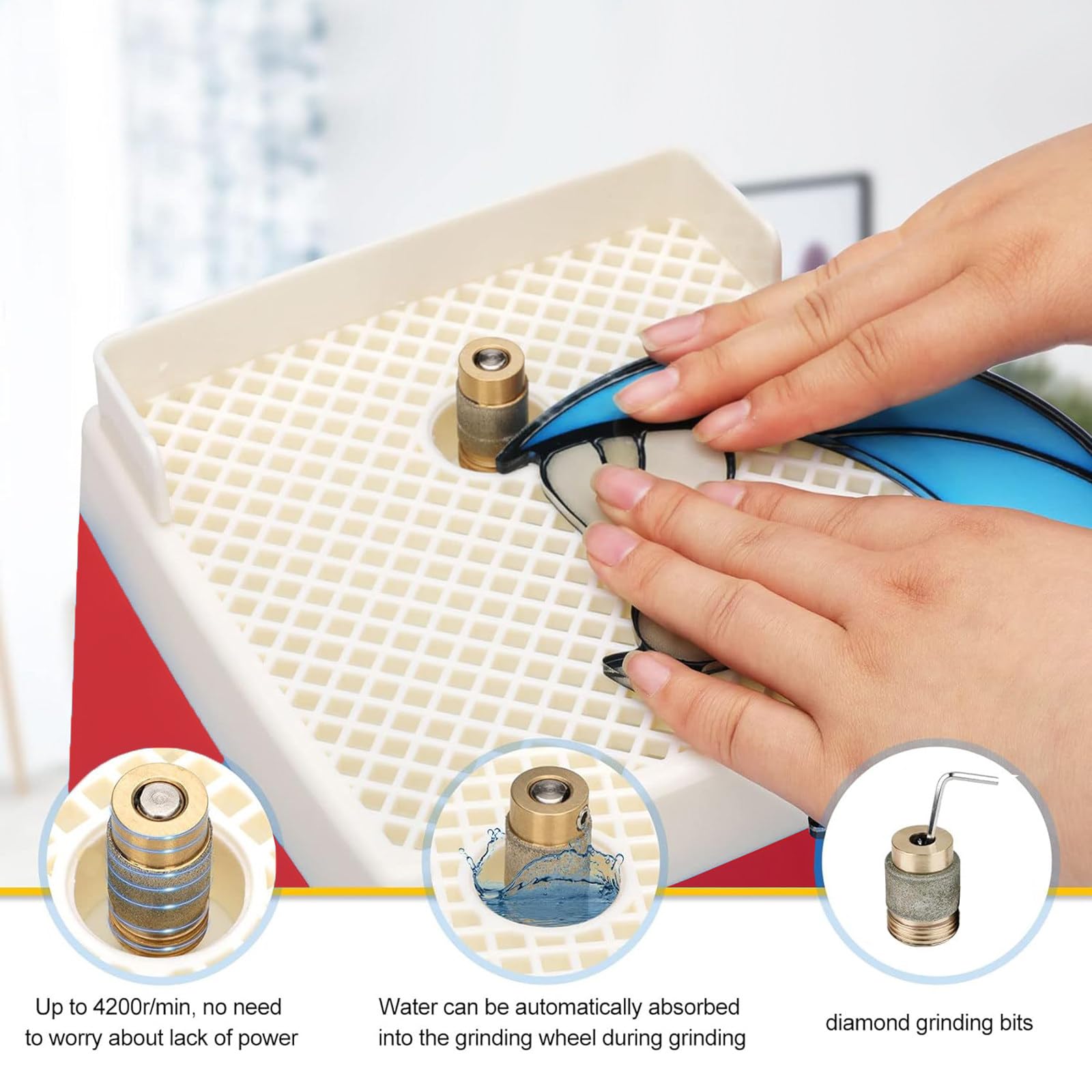 Molinillo de Vidrieras con Deflector AcríLico, MáQuina de Pulir de Arte de Vidrio PortáTil con Puntas de Amoladora de 5/8 ", Herramienta de Bricolaje de Vidrieras,Red-220V