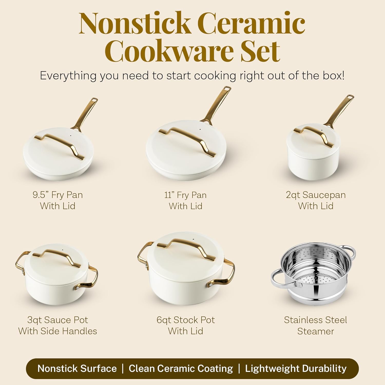 Gotham Steel Modern 11 Pc Ceramic Cookware Set, Elegantly Designed Pots and Pans Set Non Stick with Steamer, Induction Bottom, Premium Stay Cool Handles, Non Toxic PFOA Free, Oven & Dishwasher Safe - Image 2