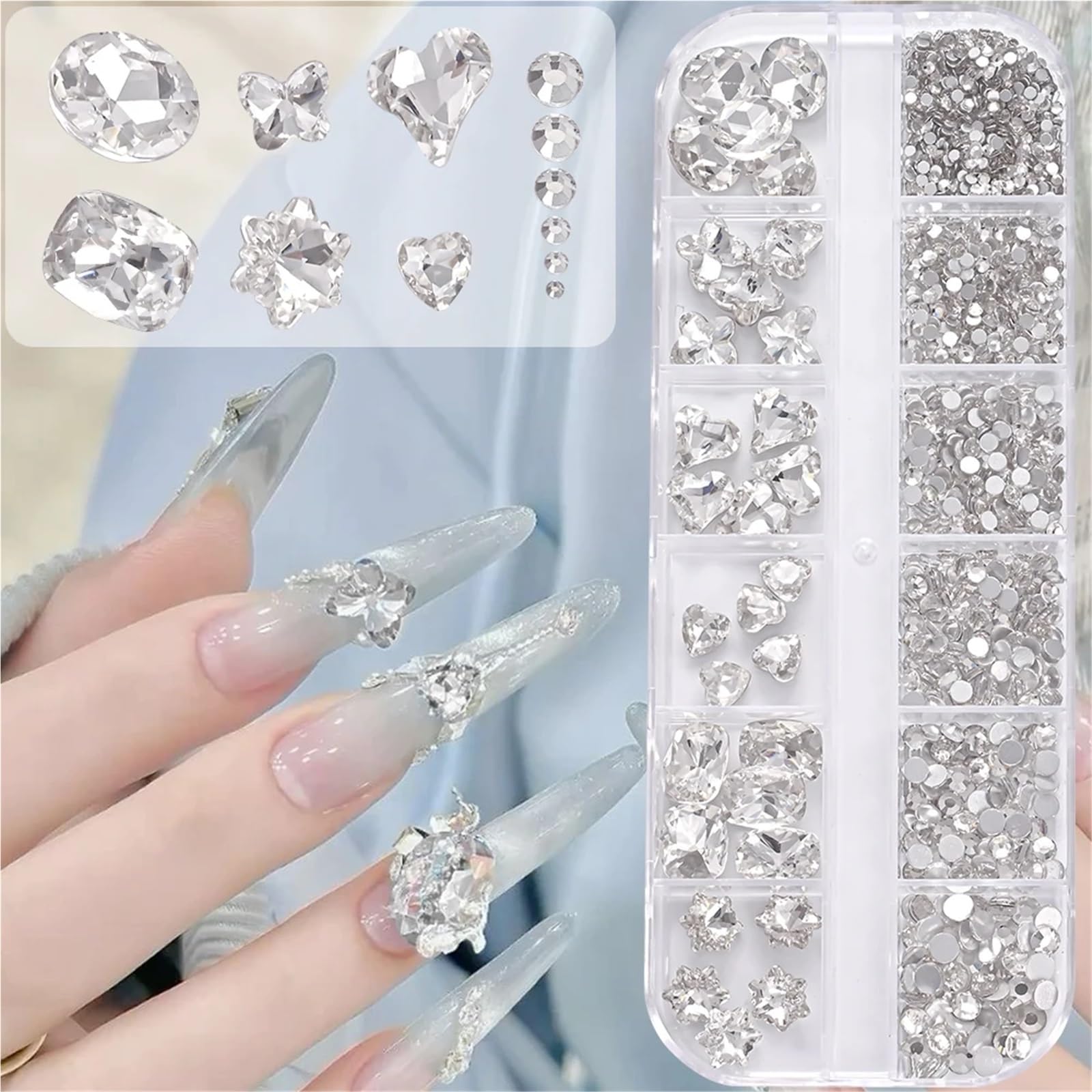 Kit di 8 strass in vetro trasparente con 12 griglie 3D per nail art, strass misti rotondi e a forma speciale, decorazione fai da te per manicure (rosa)