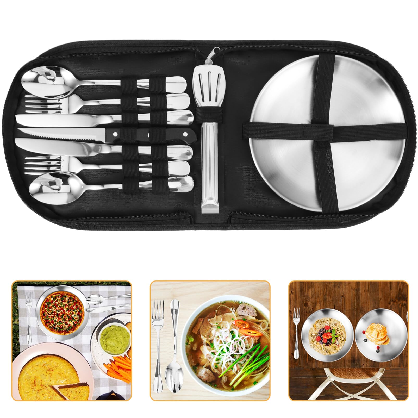 Vajilla para Exterior de Acampada Utensilios de Viaje Reutilizables Juego de Cubiertos para Picnic Camping Bolsa de Almacenamiento