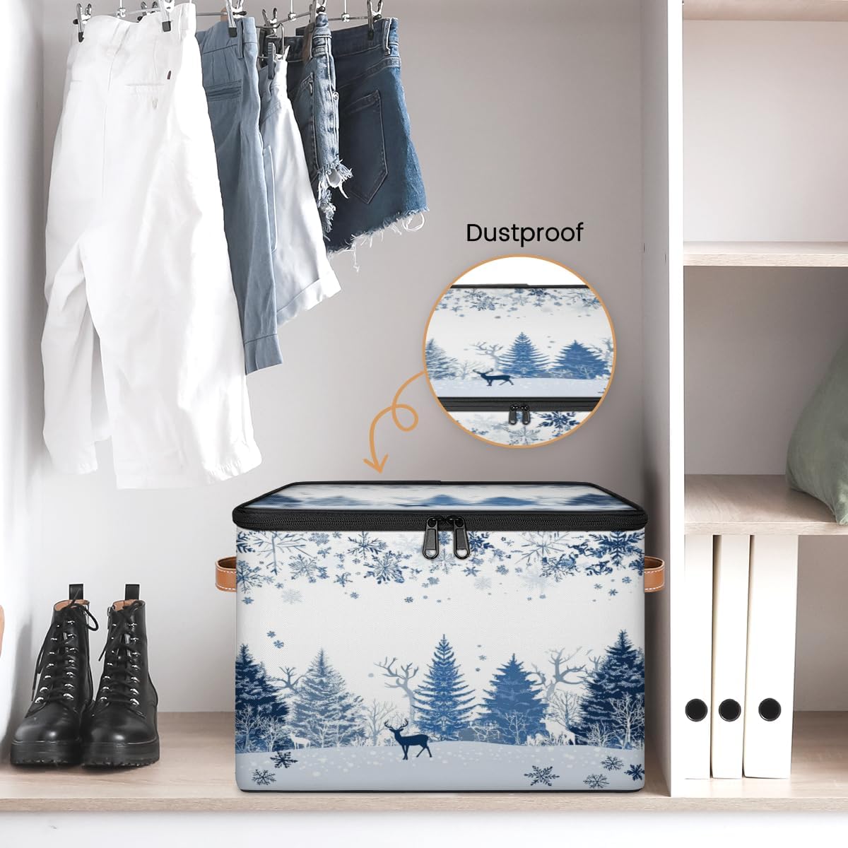 Storage Bin Set of 2 Winter Reindeer Snowflake Storage Basket with Zipper Lid & Handle Foldable Closet Shelf 2 Pack Cloth Organizer Basket Cube Bins for Bedroom, Nursery