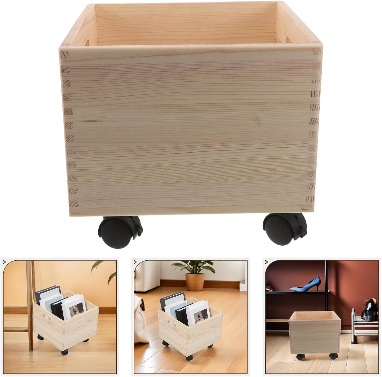 Kisangel Square Wood Magazine Storage Box on Wheels for Home Office