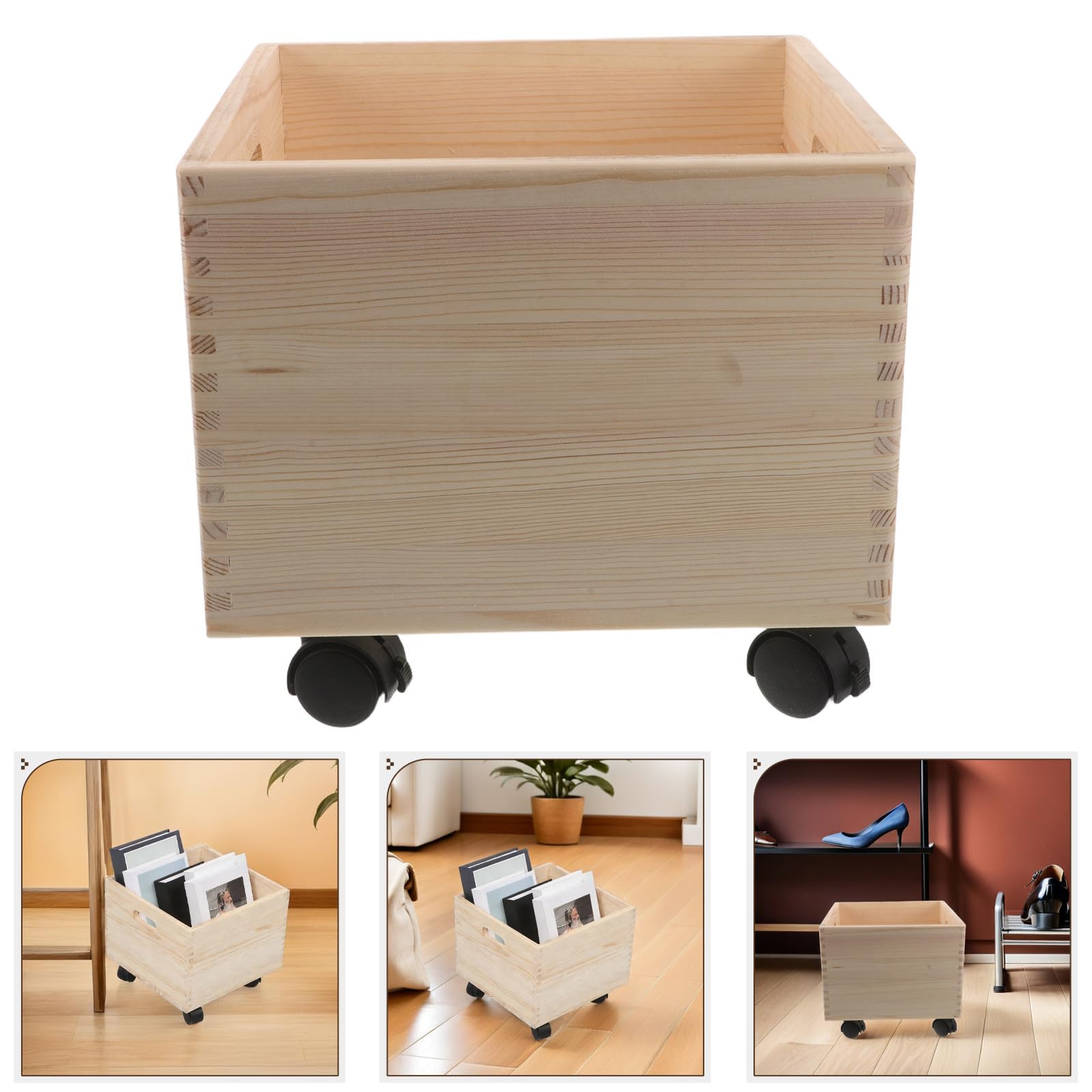 Ciieeo Cassa Porta Dischi Vinile in Legno Beige con Ruote, Contenitore Quadrato Rustico per Gestione Spazio e Uso Flessibile in Ambienti Studio e Dormitorio