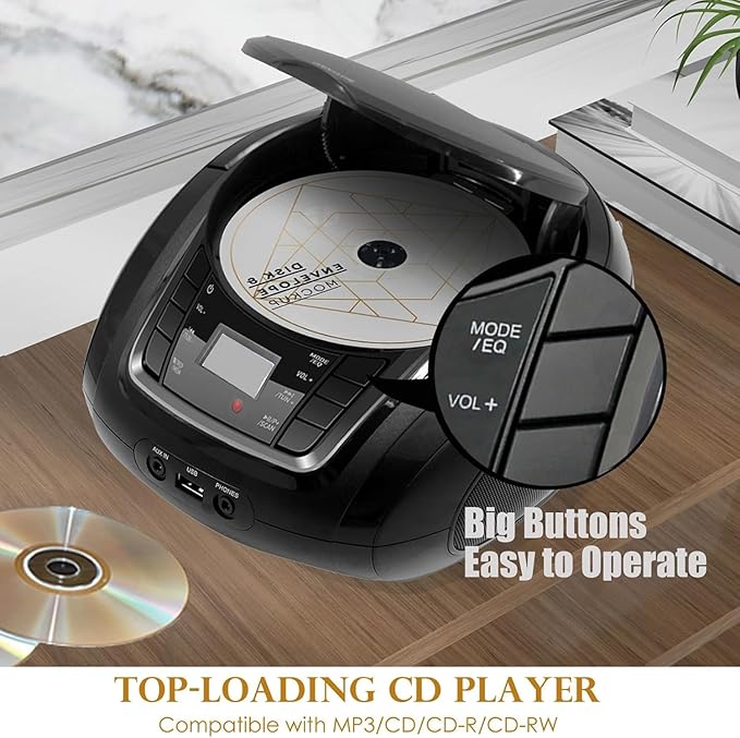 LONPOO Portable Boombox reproductor CD Bluetooth USB AUX miniatura 3