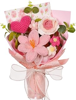 Handcrafted Crochet Flower Bouquet Pink Tulips Roses Heart Daisies Eucalyptus - Valentine's Anniversary Wedding Mother's Day Gifts Home Decor