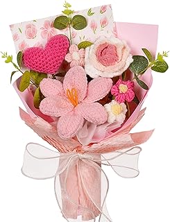 Crochet Flowers Bouquet - Crochet Tulips Roses Love Heart Daisies Knitted Flowers for Valentine's Day Anniversary Wedding Engagement Mother's Day Birthday Gifts Home Décor, Pink
