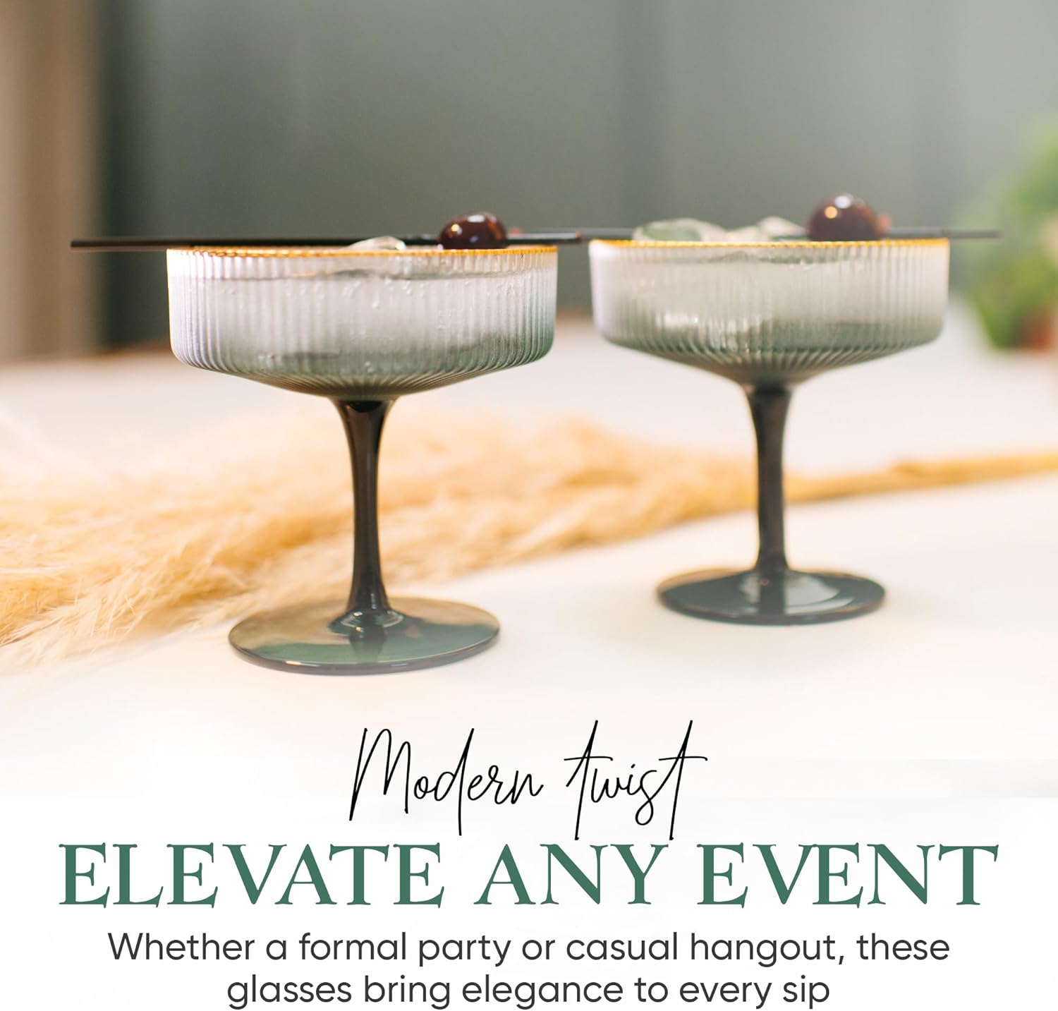 Green Coupe Glasses Set of 4 Glasses with Gold Rim (8 Oz) Art Deco Coupe Glasses, Ribbed Martini Cocktail Glasses Gift Box, Vintage Champagne Glasses, Espresso Martini Glasses