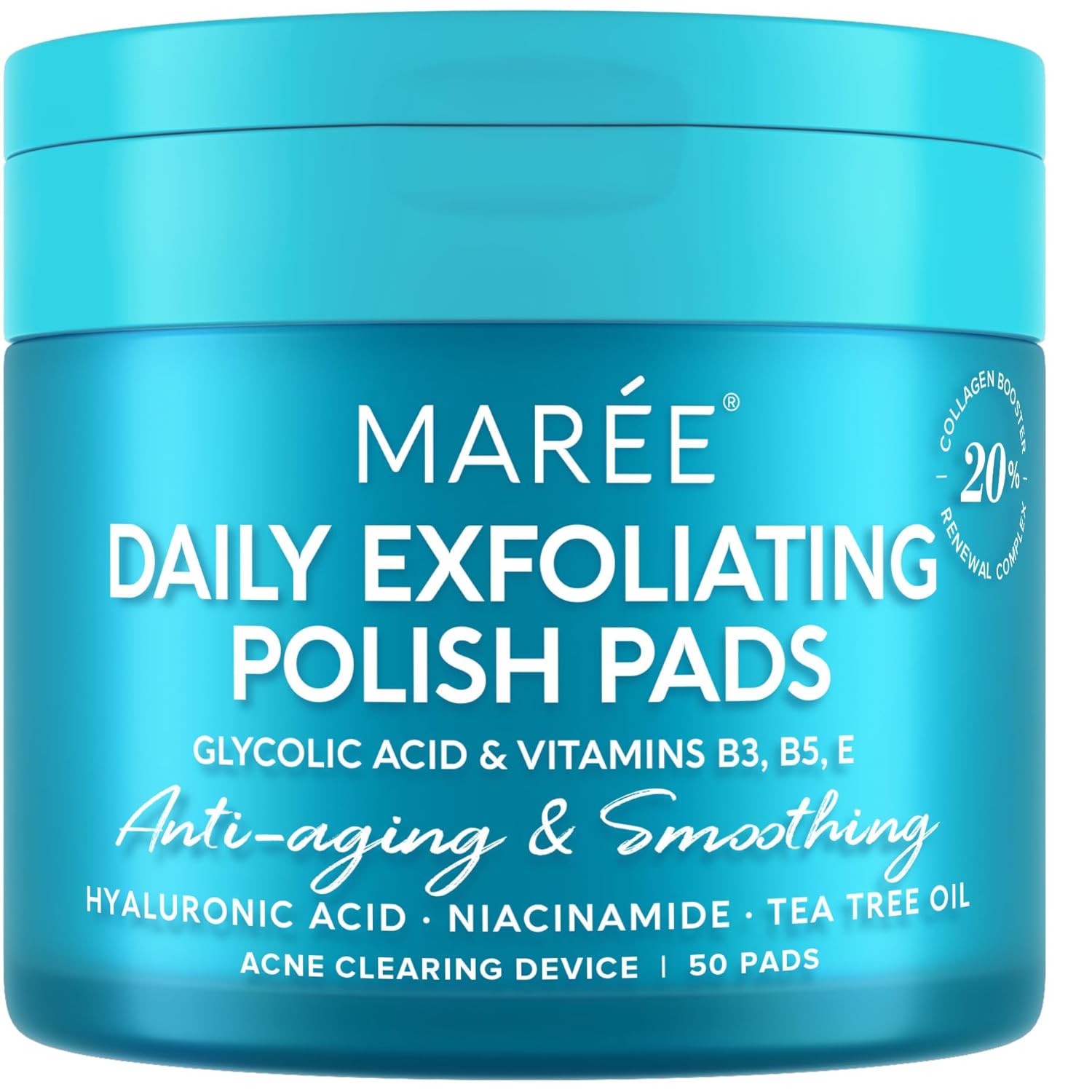 MAREE Glycolic Acid Pads – Toner Pads for Face Cleansing – Exfoliating Pad with Tea Tree Oil, Salicylic Acid & Vitamins E, B3, B5 – Acne Clearing, Skin Pore Resurfacing & Radiance Device – 50 Count