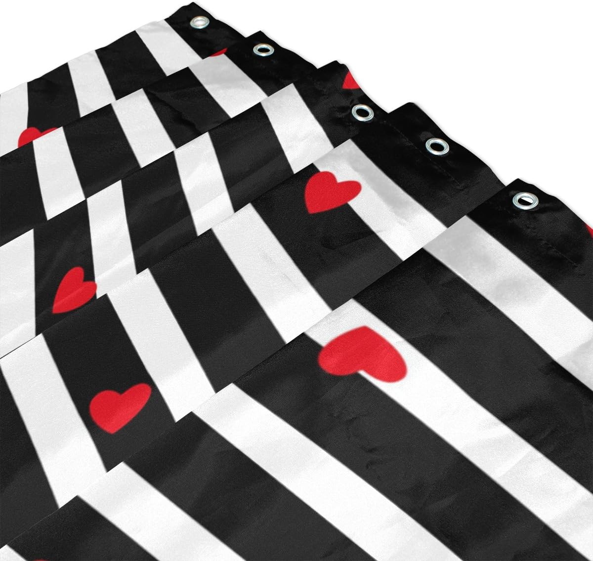 Black White Stripes Red Hearts Shower Curtain 72 x 72 Inch Waterproof Polyester Decoration Bathroom Curtain with Hooks