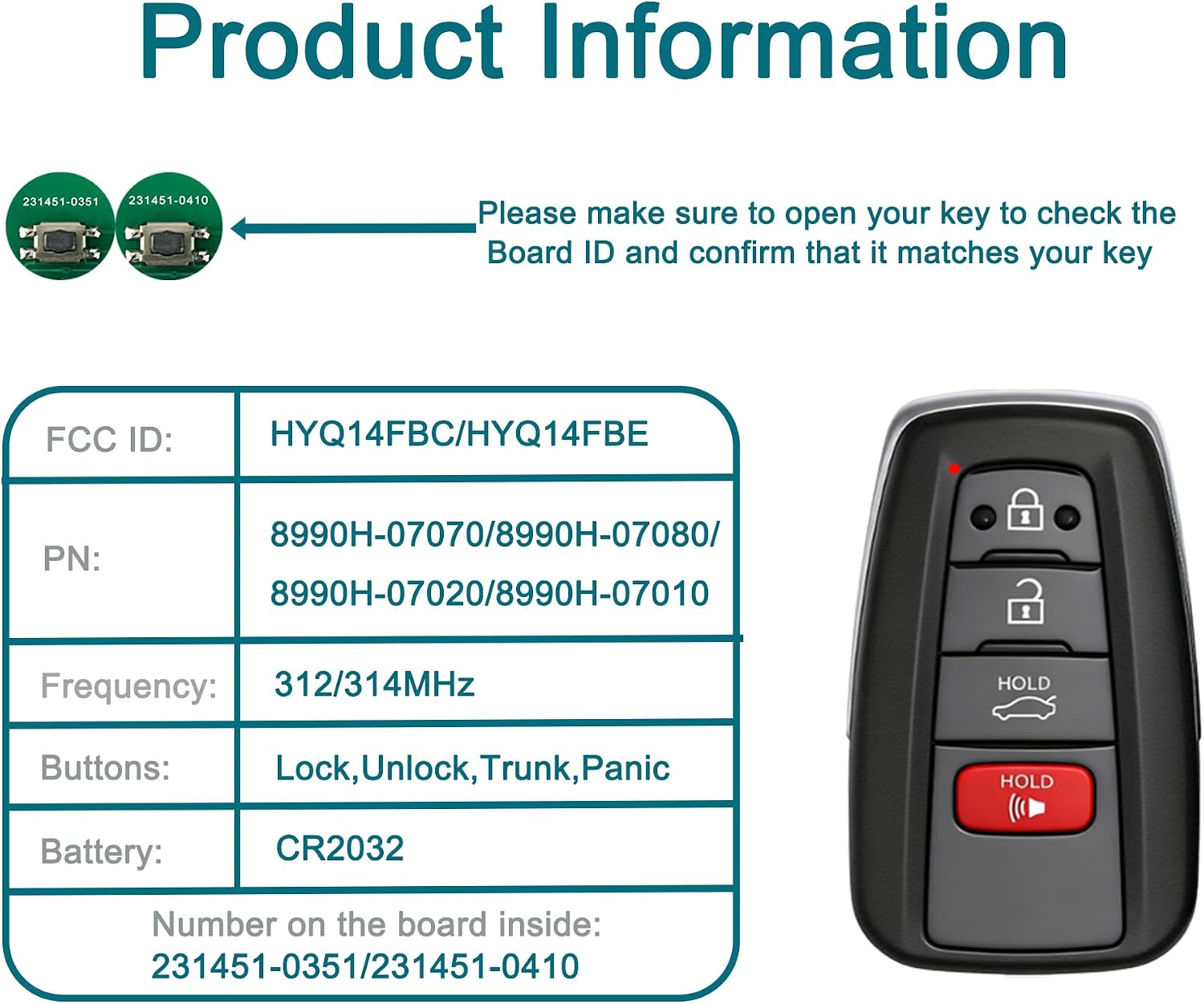 Smart Key Fob for Toyota Avalon 2019-2023, FengRKey Remote Control Key Fob Compatible for Toyota Avalon 2019-2023 HYQ14FBC 8990H-07070 8990H-07080 281451-0351