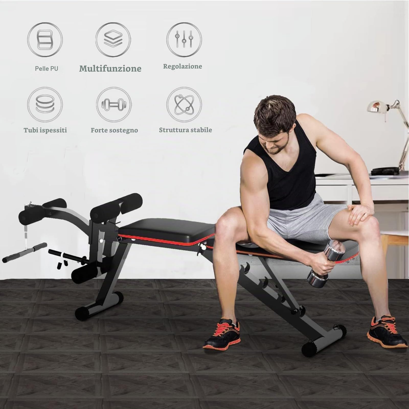Panca per Sollevamento Pesi banco manubri palestra multifunzione regolabile pieghevole panca per esercizi Panca Inclinazione Declinazione Panca da Allenamento con Leg Extension e Leg Curl