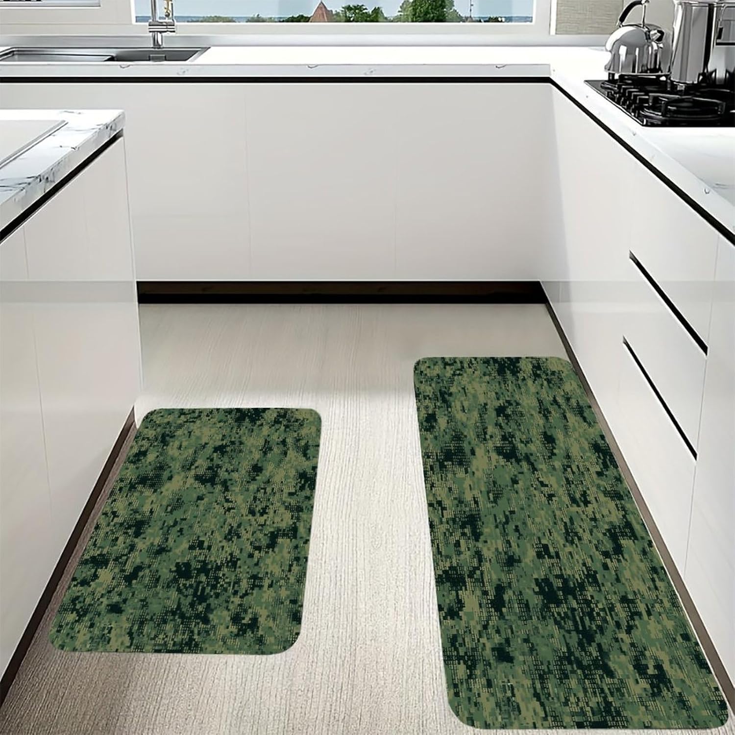 Green Army Digital Camouflage Kitchen Mats with 2PCS Non-Slip Washable,Kitchen Rug Heavy Duty Durable, Floor Mats for Kitchen,Office,Sink,Laundry