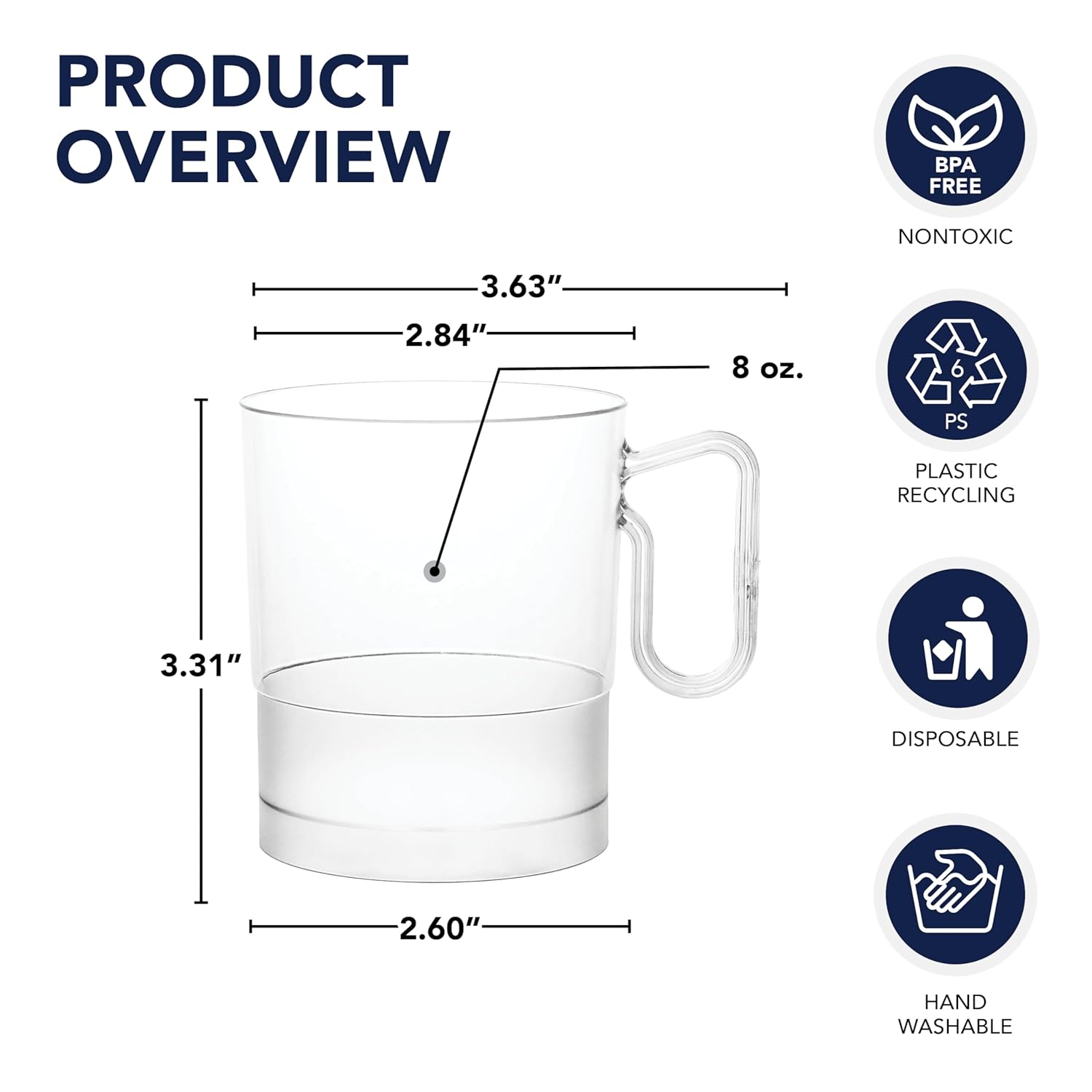 Party Essentials Bistro Hard Plastic Coffee Cup/Tea Mug w/Handle, 40 Count, 8-Ounce, Clear