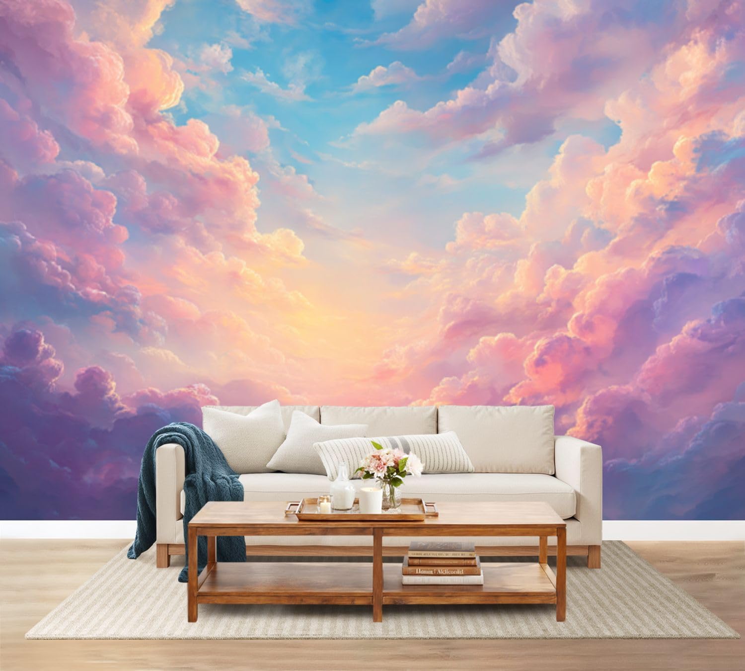 100"x144" Cloud Wall Mural Peel and Stick Wallpaper Dreamy Sky Soft Pink Purple Clouds Sunset Wall Decor Self Adhesive Removable Wall Stickers for Bedroom Living Room