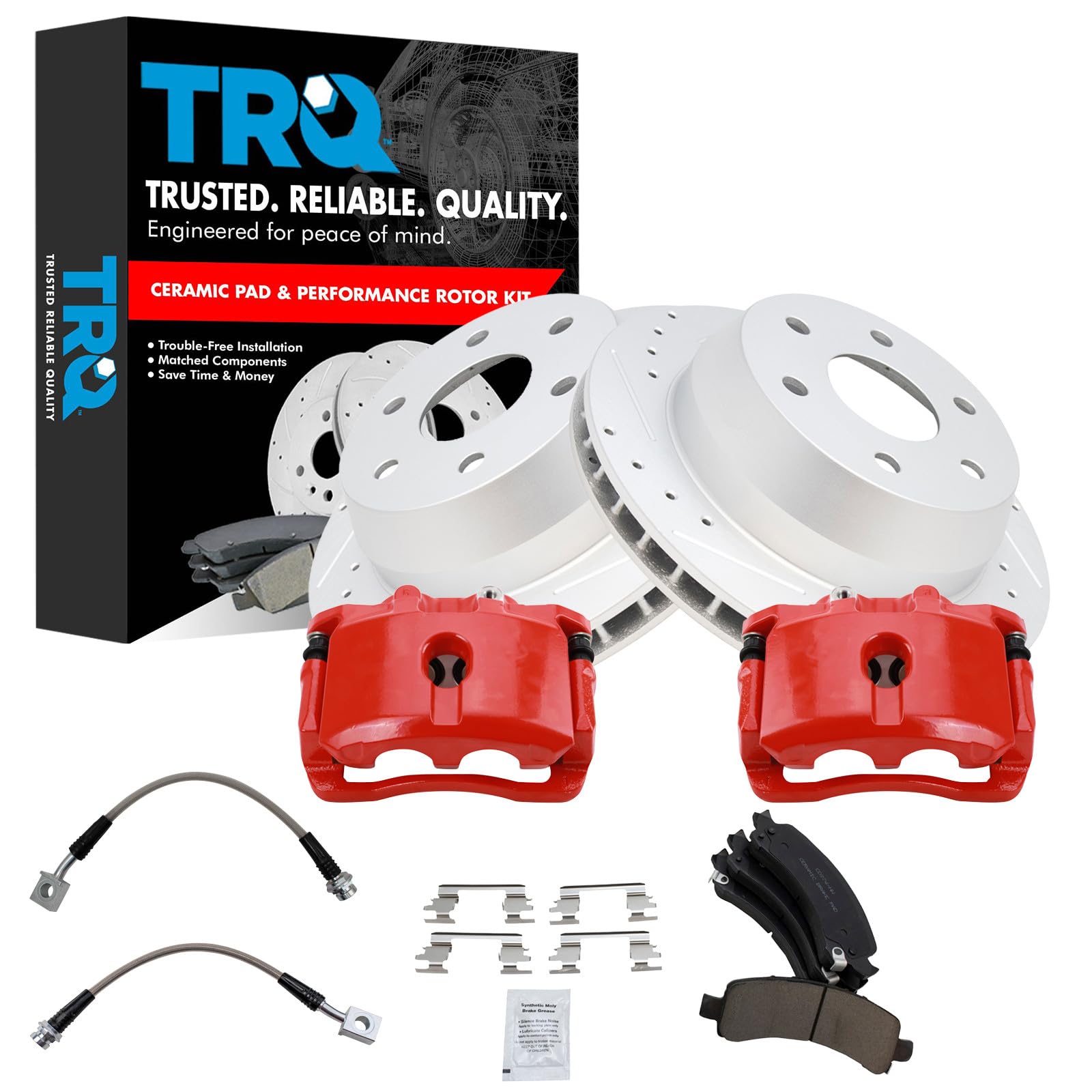 TRQ Brake Pad &amp; Rotor Kit Premium G-Coated Slotted X Drilled Performance Ceramic Compatible with 04-06 Cadillac 02-06 Chevrolet GMC