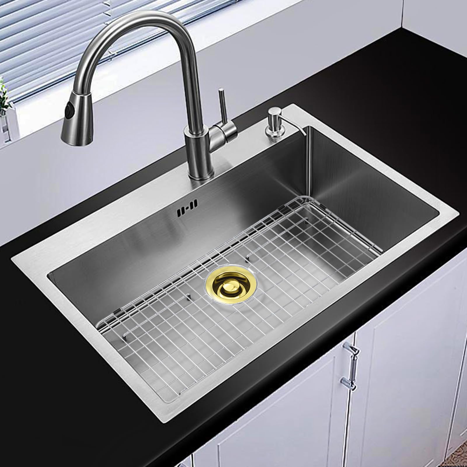 Griglia per lavello in acciaio inox e protezioni per fondo del lavello della cucina, 66 x 35,6 cm, con scarico posteriore per lavello singolo, protezioni per lavello da cucina in acciaio inox