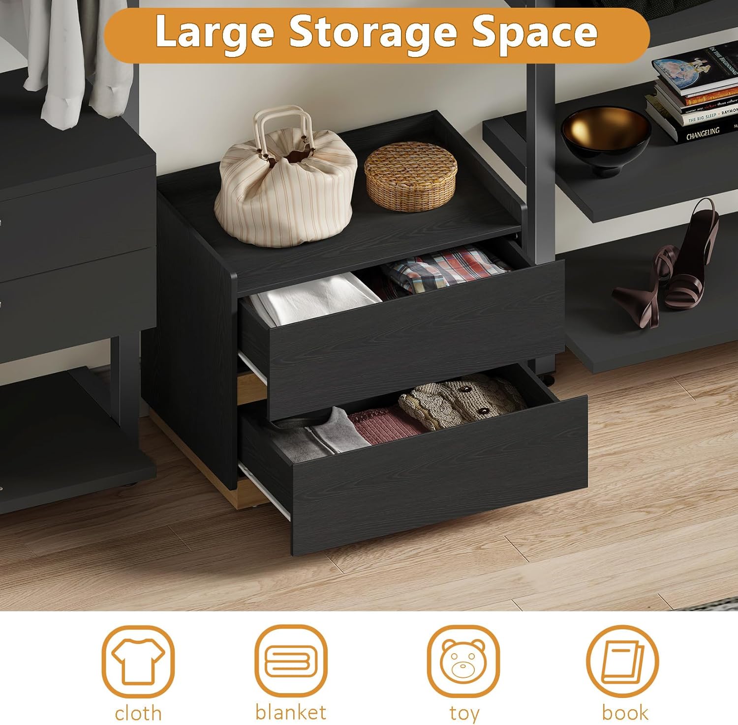 Large Modern Nightstand Black Bedside Table, 2 Drawer Dresser Wood Stackable Storage Drawers for Clothes for Closet, Bedroom, 24"x16"x20"