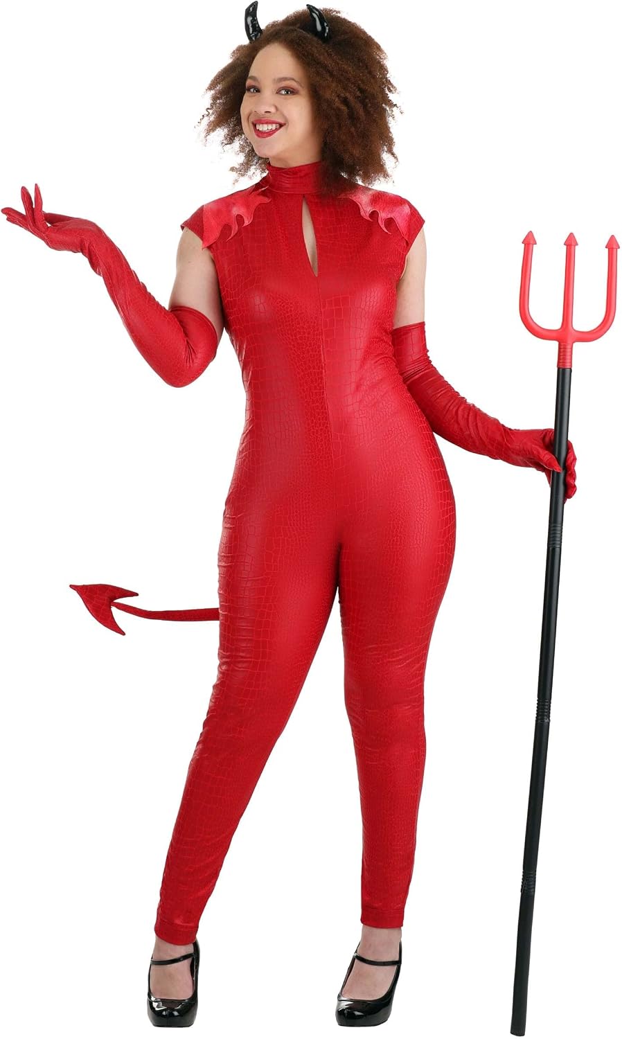 Fun Costumes Women's Devious Devil Costume - Jumpsuit with Tail, Horned Headband, Chest Slit, and Gloves
