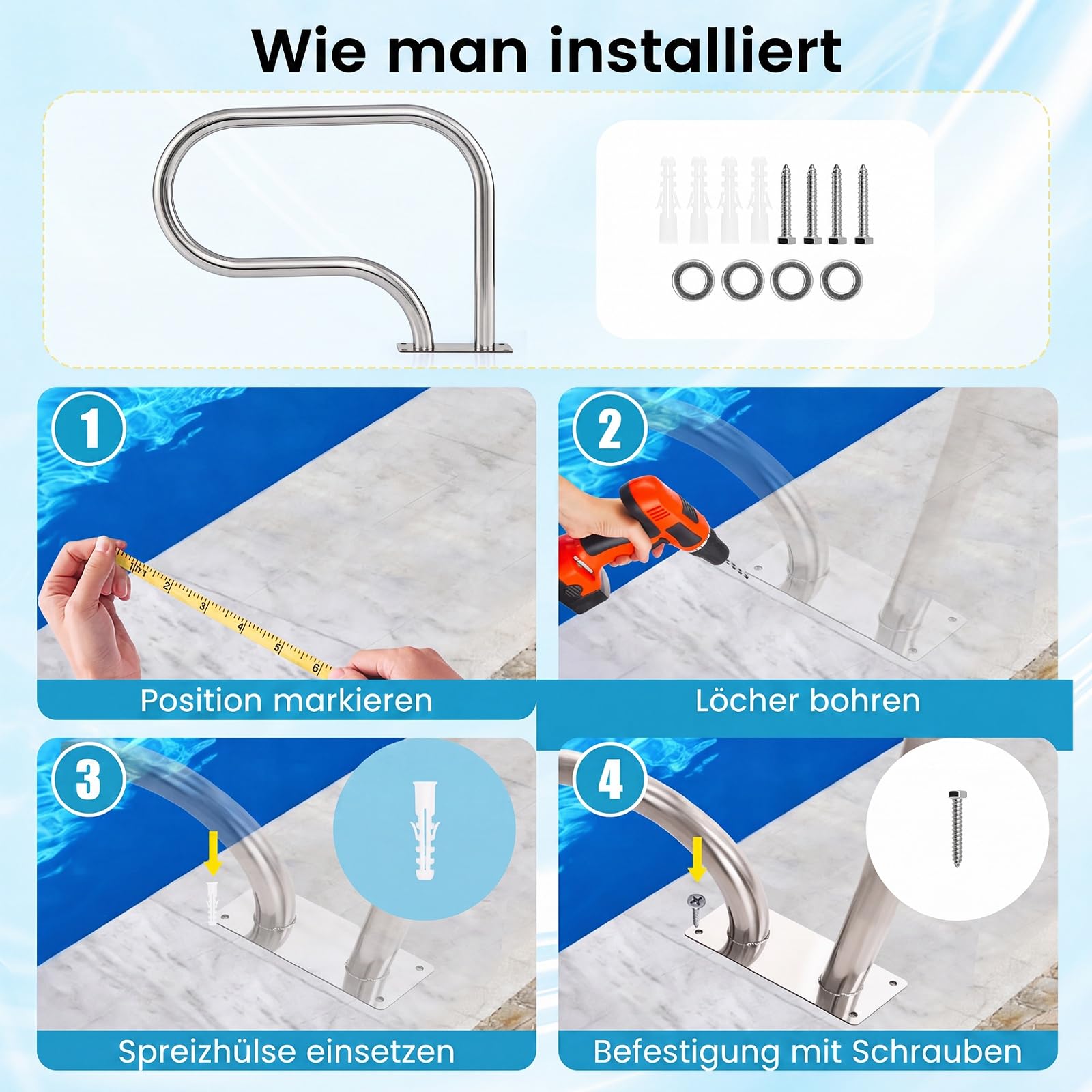 COSTWAY Pool Handlauf, Einstiegshilfe 304 Edelstahl, Schwimmbad Haltegriff, 250 kg Tragfähigkeit, Griffbogen für Schwimmbäder, Spa, Wasserpark, 82,5 x 57 cm