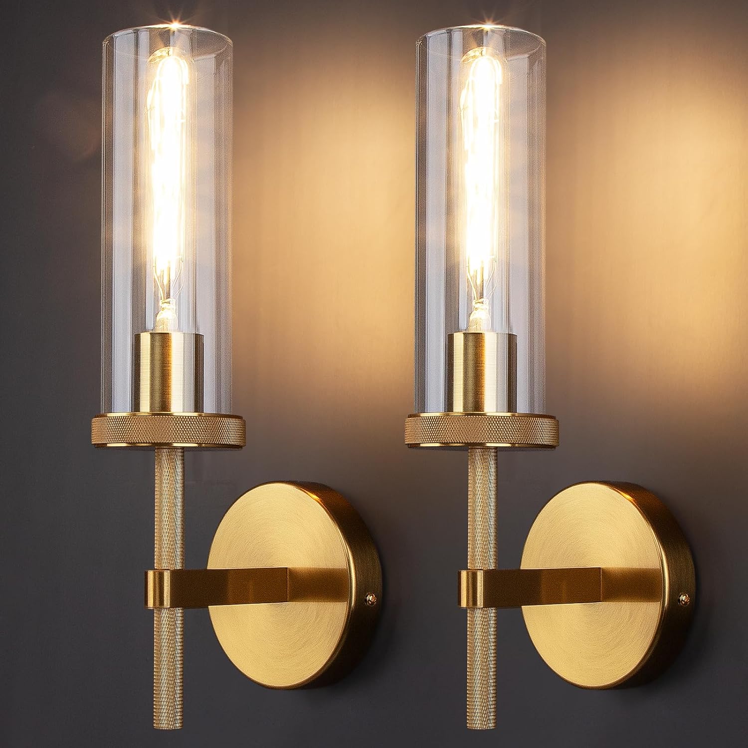 15" Knurled Gold Wall Sconces Set of 2, Bathroom Vanity Light Fixtures with Clear Glass Tube, Modern Lamp Lighting for Bedroom, Living Room, Hallway, Staircase, Mirror, Kitchen