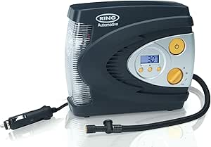 Ring RAC630 12V Digital Tyre Inflator, Air Compressor with Auto stop, Tyre Pump with LED Light, Case and Adaptor Set