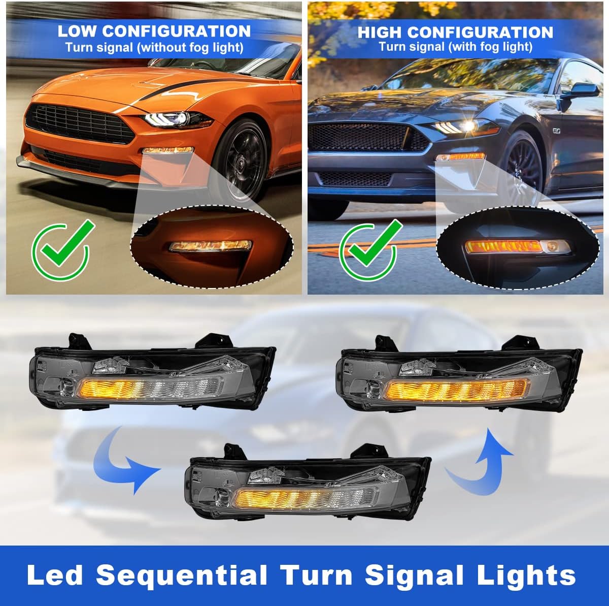ROXX Led Fog Lights Assembly for 2018 2019 2020 2021 2022 Ford Mustang, Full Led Fog Lights Replacement w/Daytime Running Lights/Led Amber Sequential Turn Signals, Passenger Driver Sides
