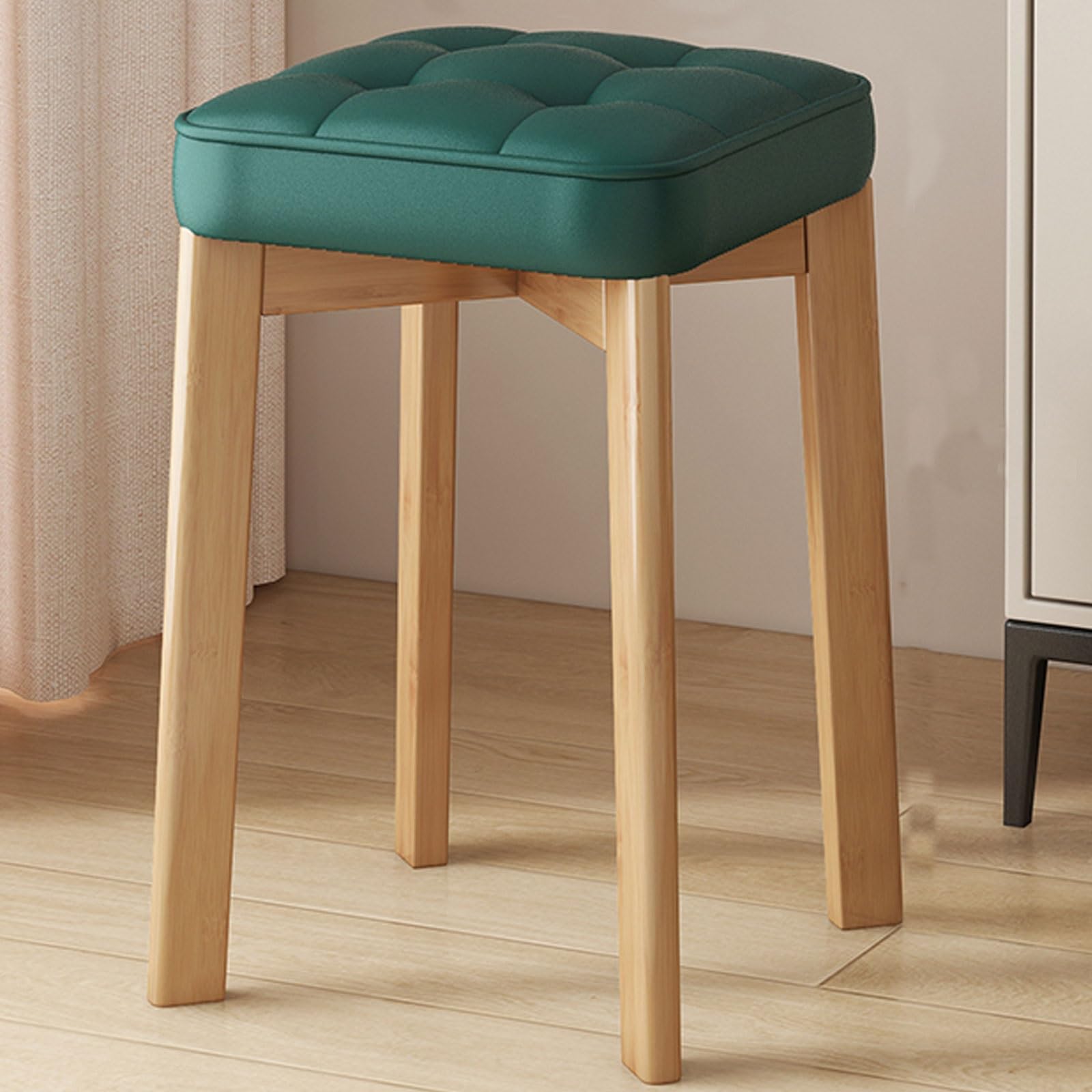Tabouret de maquillage en bois naturel et assise verte pour coiffeuse de chambre