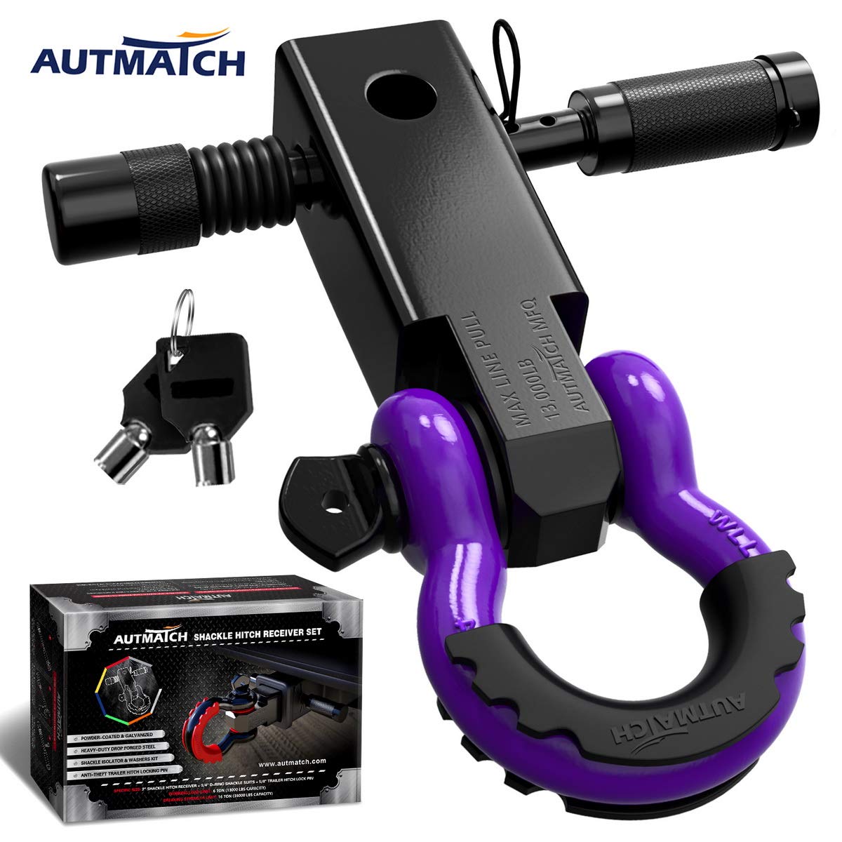 AUTMATCHAUTMATCH Shackle Hitch Receiver 2 Inch - 3/4" D Ring Shackle and 5/8" Trailer Hitch Lock Pin, 45,000 Lbs Break Strength Heavy Duty Receiver Kit for Vehicle Recovery, Black & Purple