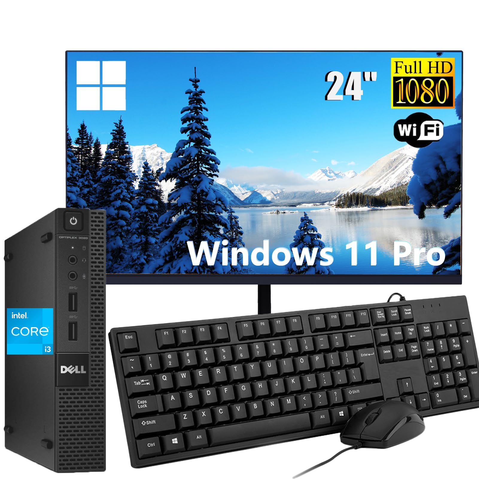 Dell Optiplex 3020 - Mini ordenador de sobremesa con pantalla de 24 pulgadas, Intel Core i3-4160, 8 GB de RAM, SSD de 128 GB, teclado QWERTY estadounidense, Wi-FI, Bluetooth, Windows 11 Pro