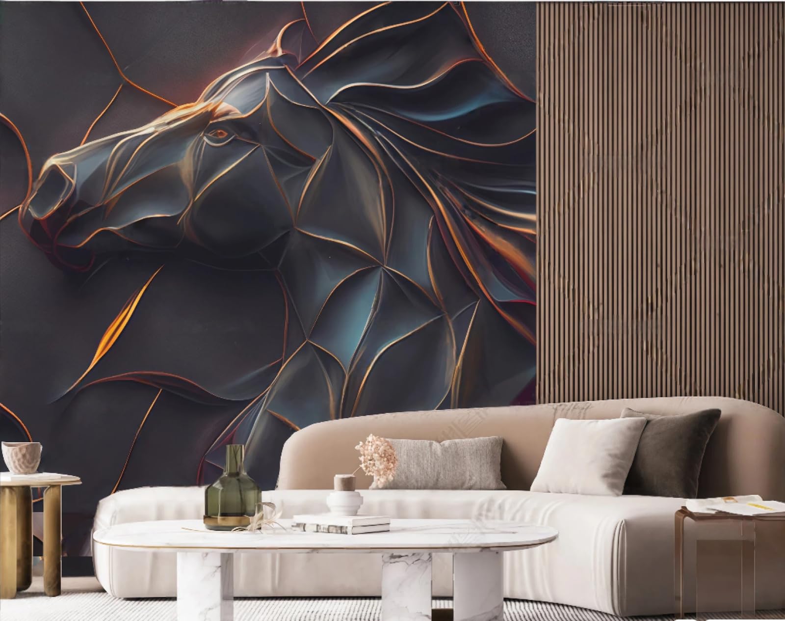 Tapeta sztuka nowoczesna abstrakcyjne metalowe linie reliefowe koń wzór skalny obraz TV sofa tło tapeta ścienna salon restauracja kawiarnia mural, 3D, 250 x 175 cm
