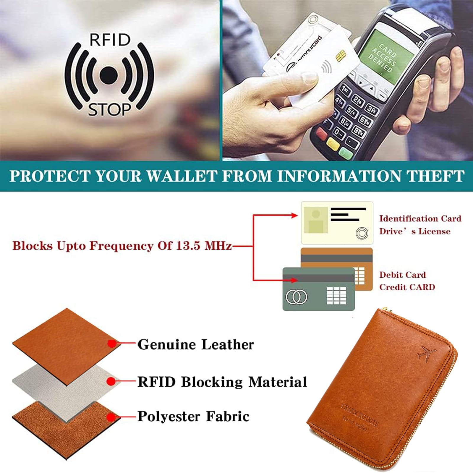 Funda para pasaporte con cierre de cremallera seguro, bloqueo RFID, piel sintética, impermeable, cartera de viaje para mujeres y hombres, Azul oscuro, Cartera para pasaporte Rfid