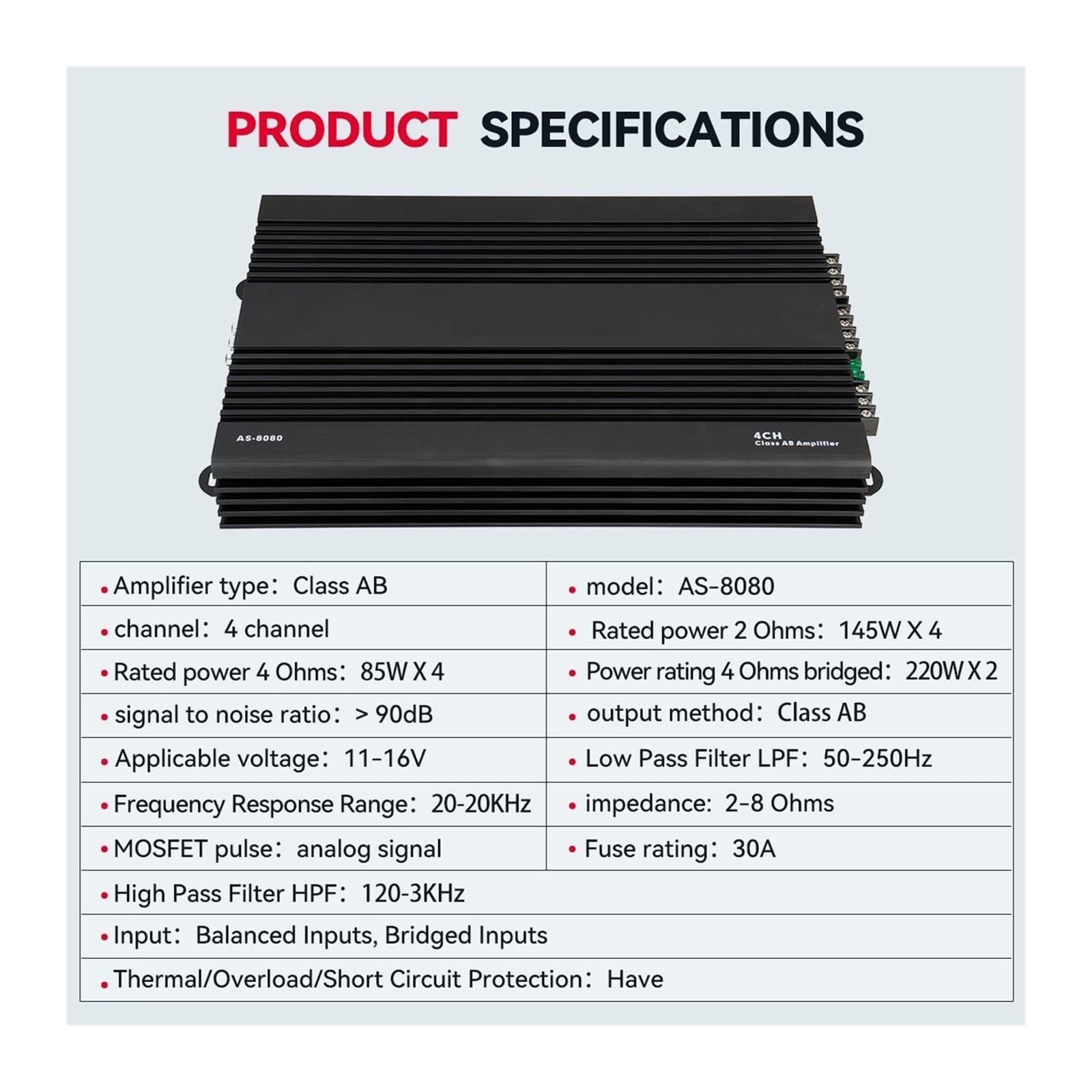 Amazon.co.jp: パワーアンプ 4チャンネル 12V AS-8080 カーアンプ 4CH
