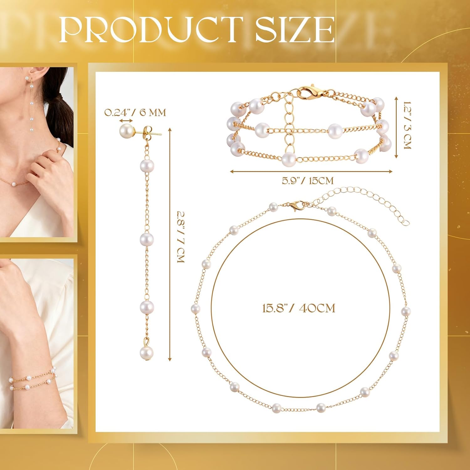 Gold Jewelry Set for Women Gold Plated Pearl Necklace and Earring Set With Drop Earrings,Pearl Necklace,Adjustable Bracelets - Dainty Women's Pearls Jewelry Sets For Wedding Gifts - Image 3