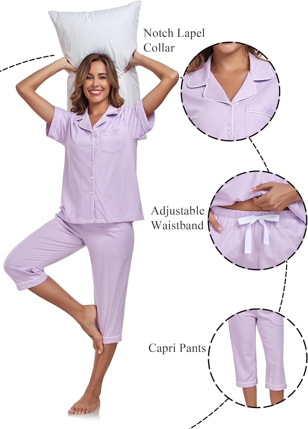 COLORFULLEAF 100% Cotton Women's Pajama Sets Short Sleeve Capri Pajamas for Women Set Button Down Pjs Soft Sleepwear Summer - Image 5