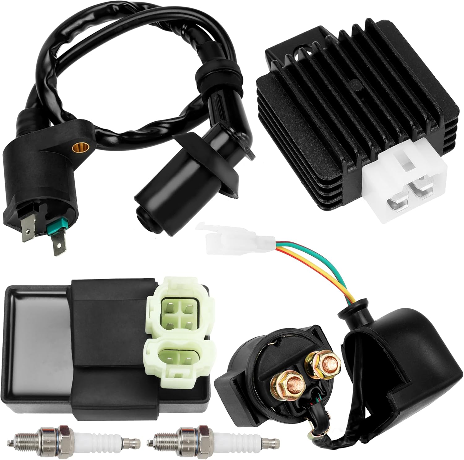 GREHUA AC CDI Box Starter Solenoid Relay Ignition Coil Voltage Regulator Rectifier Spark plug for GY6 50cc 125cc 150cc 4-stroke Engines TaoTao Roketa Scooter Moped Motor ATV Go Kart Quad Pit Dirt Bike
