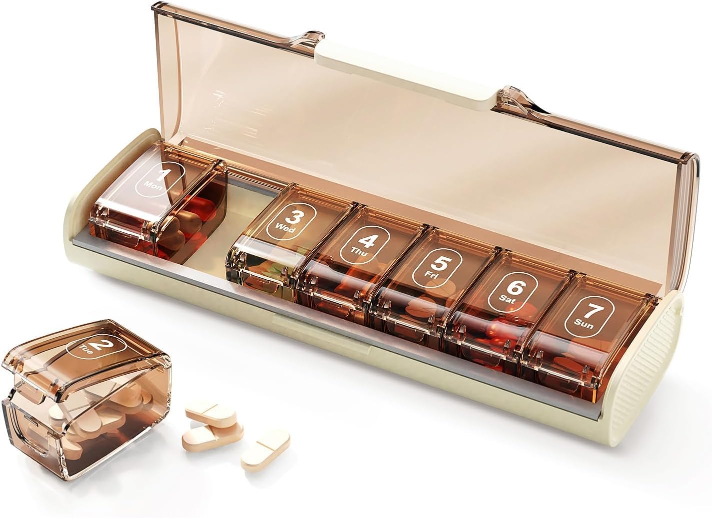 Glosen Tablettenbox 7 Tage, Pillendose mit 7 Einzelnen Fächern, Tragbar Medikamentenbox, Medizin Vitamin Halter Container für Tasche Geldbeutel (Weiß)