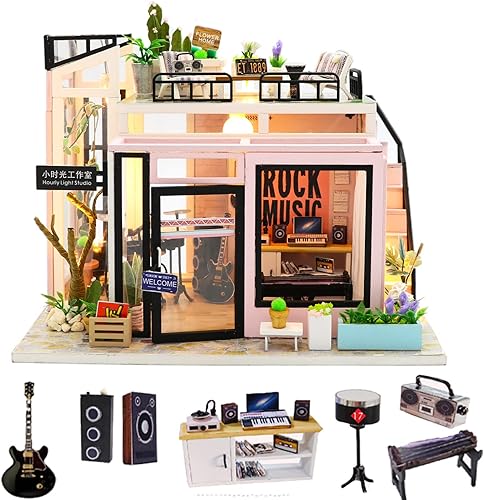 Spilay Kit de casa de muñecas en miniatura con muebles de madera, kit de casa de muñecas de bricolaje con prueba de polvo y movimiento musical,