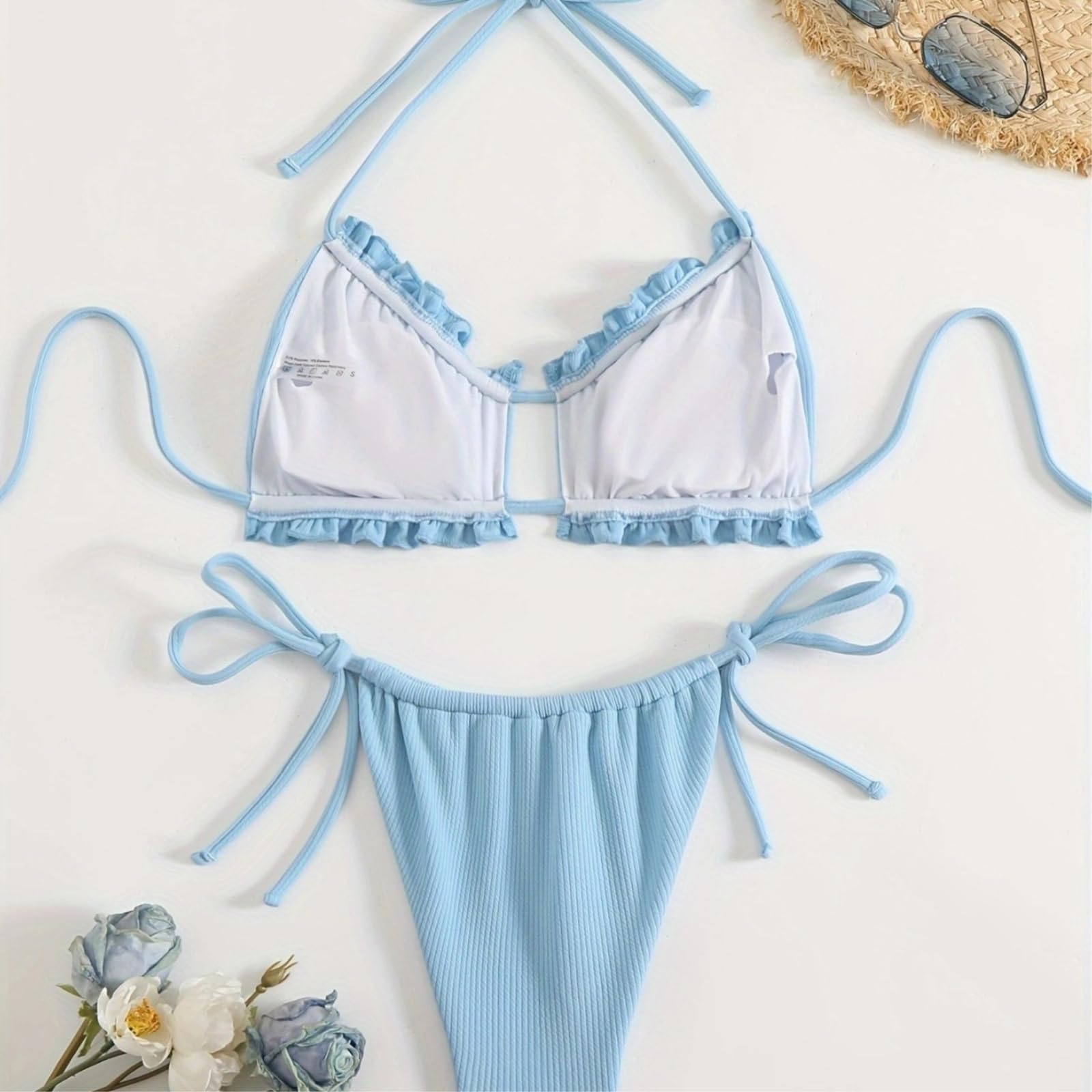 Bikini Mujer Mujeres Color Ribbed Set Cortado Triángulo Traje De Baño Dos Piezas-Blue-s