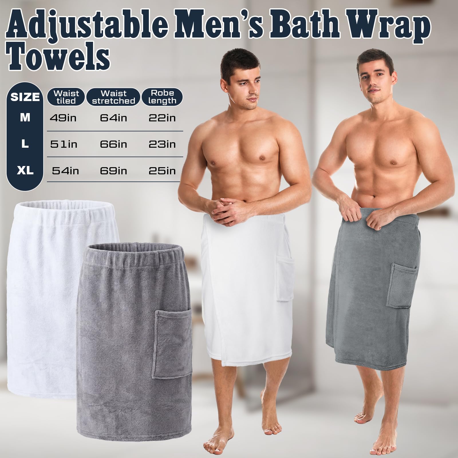 2 unidades para hombre, toalla de sauna, ajustable, con bolsillo, para después de la ducha, toalla de baño de rizo para hombres, ducha, baño, gimnasio (L, gris, blanco)