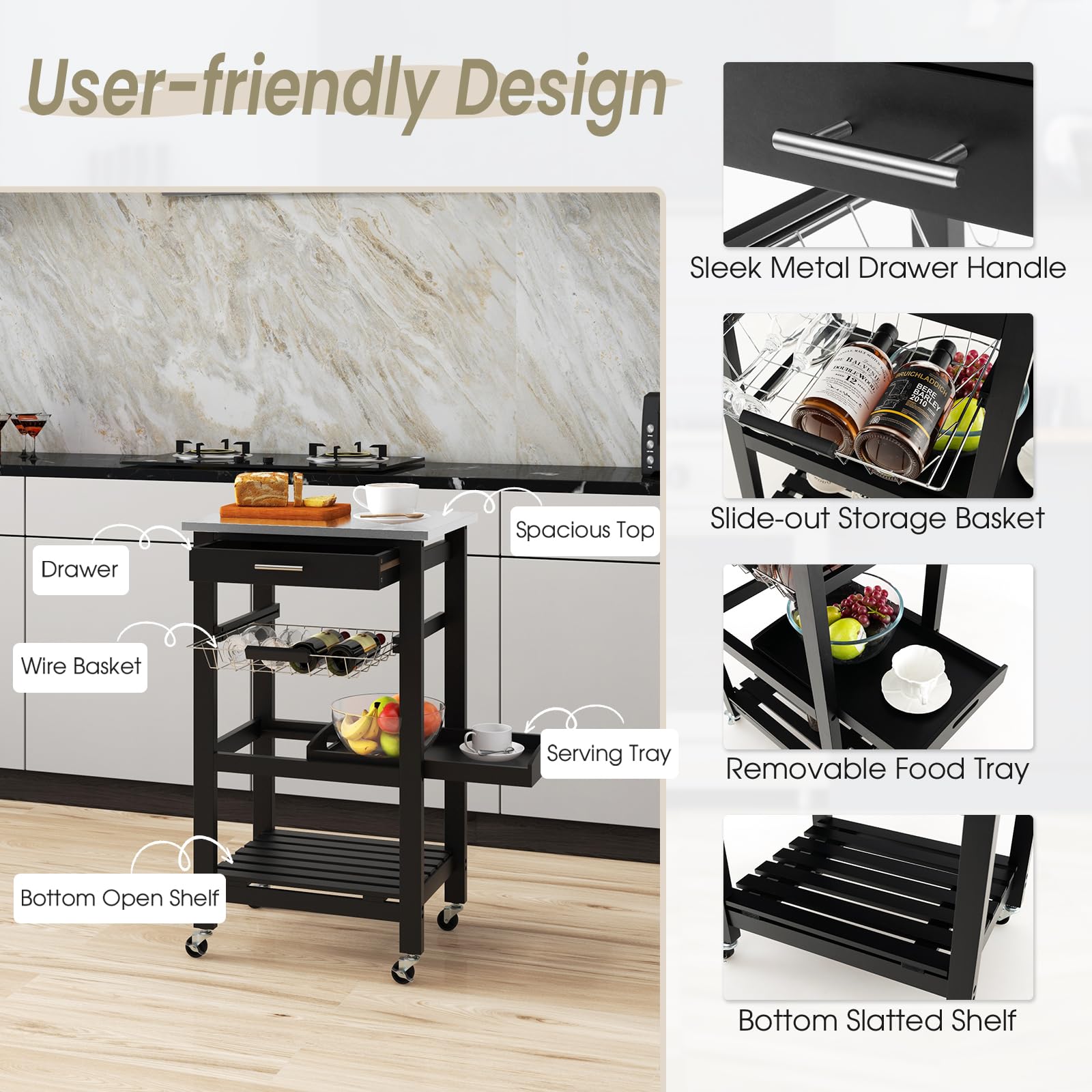KOMFOTTEU Carrello Cucina con Ruote e Piano di Lavoro in Acciaio Inox, Carrello Portafrutta e Portavivande con Cassetto e Cestello Metallico, Carrellino Portaoggetti per Sala da Pranzo (Nero)
