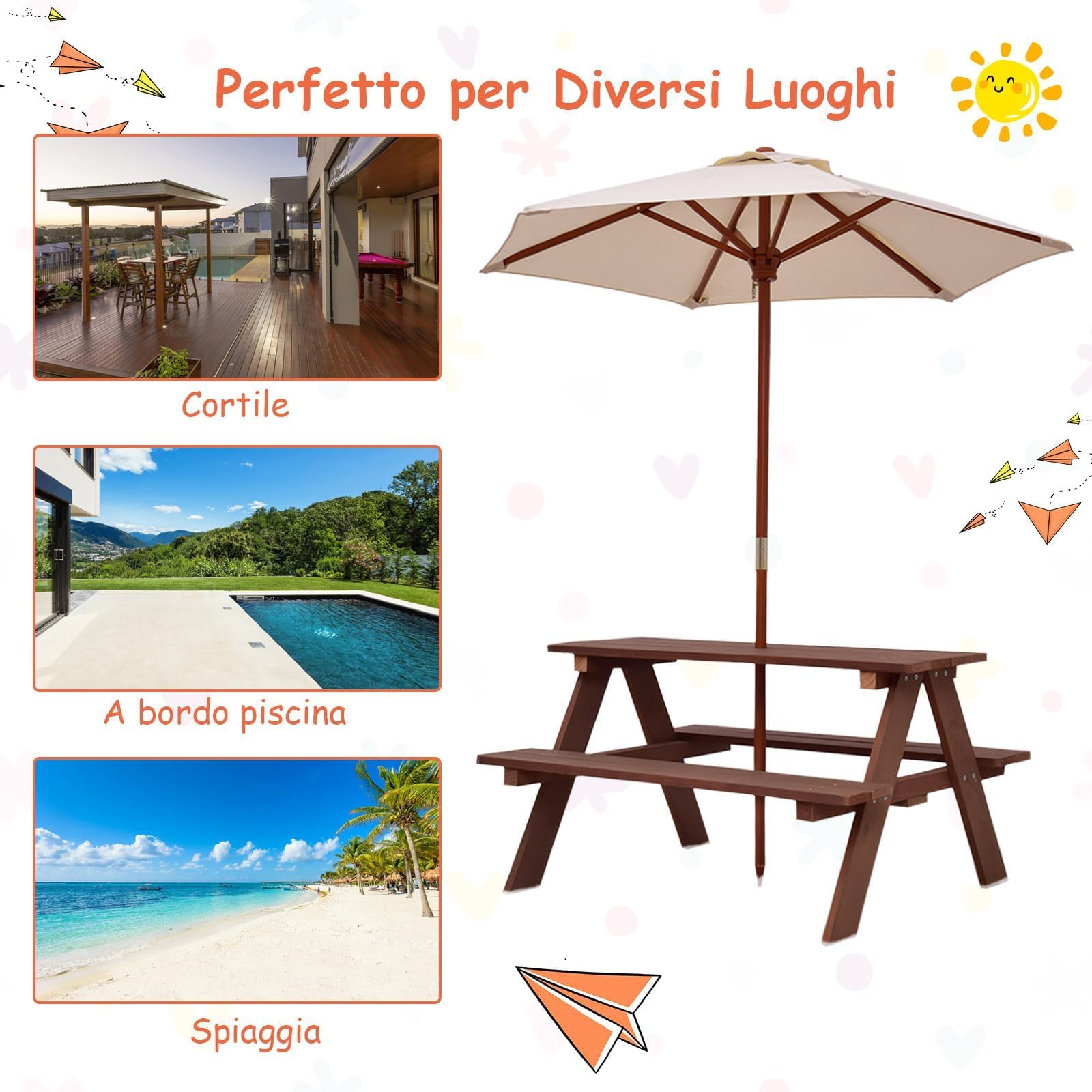 GYMAX Set Tavolo da Picnic e Panca per Bambini, Tavolo da Gioco in Legno di Abete con Ombrellone Rimovibile e Pieghevole, per Giardino Cortile Patio, Bambini (Stile 2)