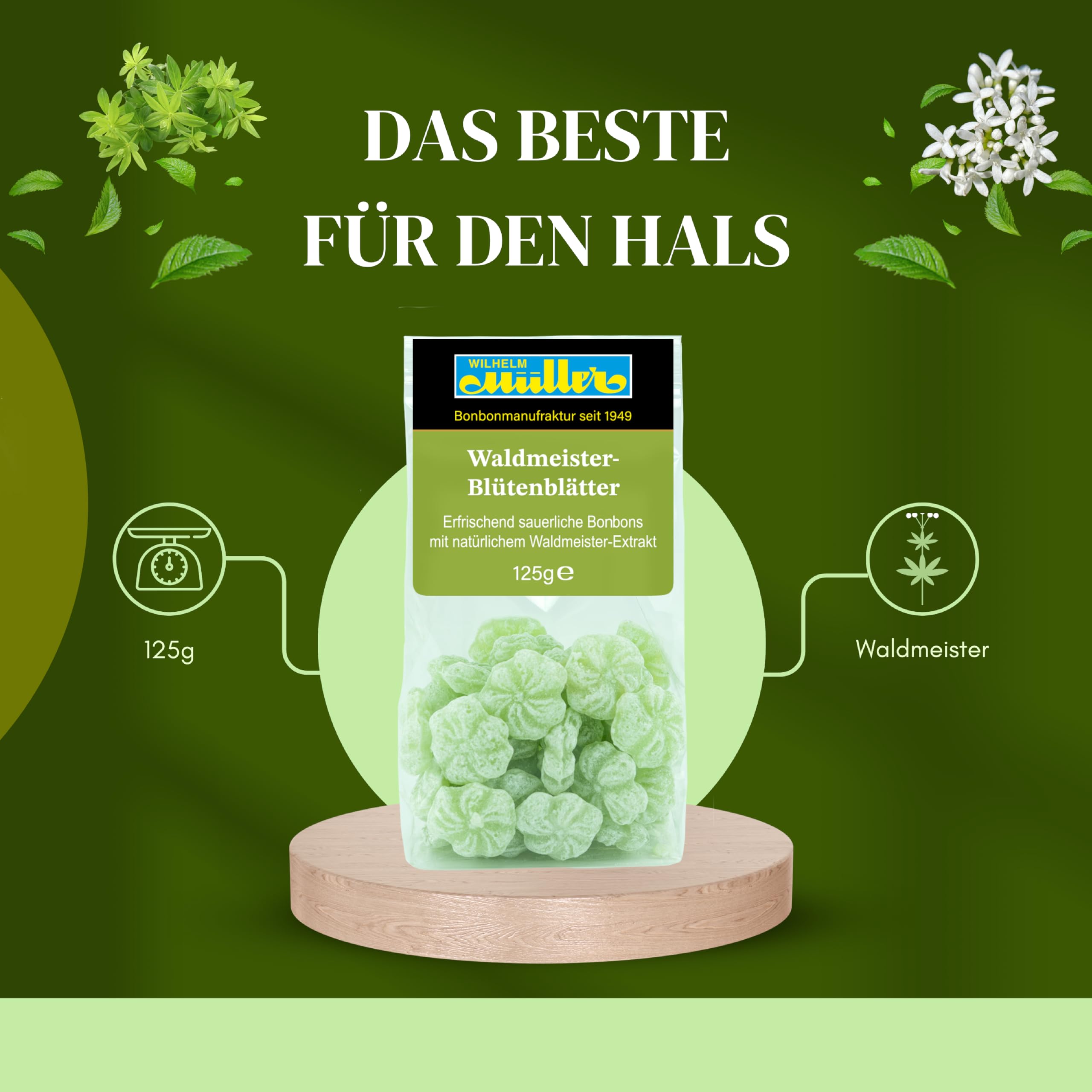 WILHELM Müller Waldmeister Bonbons in Blütenform - Retro Fruchtbonbons - Bonbons mit Waldmeister Geschmack - Im praktischen Beutel aus Deutschland - 2500g