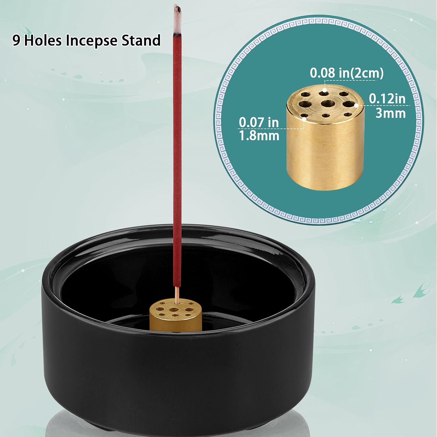 Ceramic Incense Burner Holder Set – 9 Hole Incense Stick Holder with Coil Incense Holder & Burner Tray – Multi-Function Censer for Cones, Coil Incense, and Stick Incense (Black)