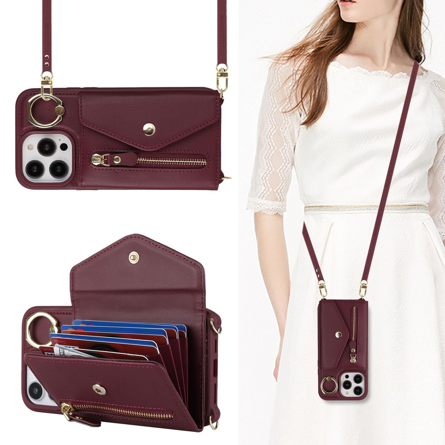 for iPhone 12 Pro Max Case with Zipper Card Holders and Strap for Women, iPhone 12 Pro Max Phone Case Wallet Compatible PU Leather Button Flip Shockproof Wallet Case for Men-Wine Red