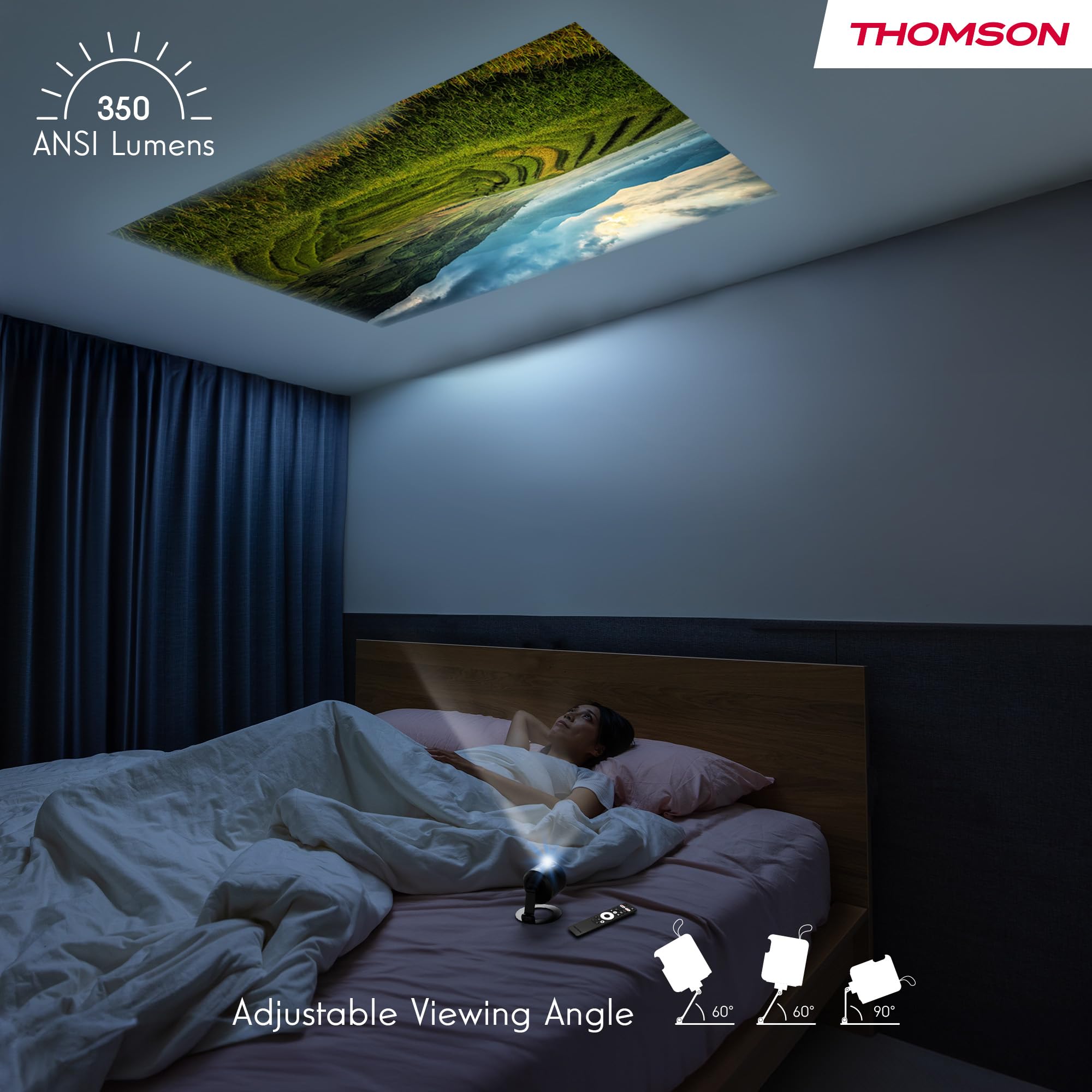 Thomson Vega PG35B Tragbarer Full HD Beamer, Smart LED Projektor mit Google TV, integriertem Akku, 350 ANSI Lumen, Autofokus, HDR10, Dolby Digital+, WiFi, Projektion an die Decke – Hartschalenkoffer