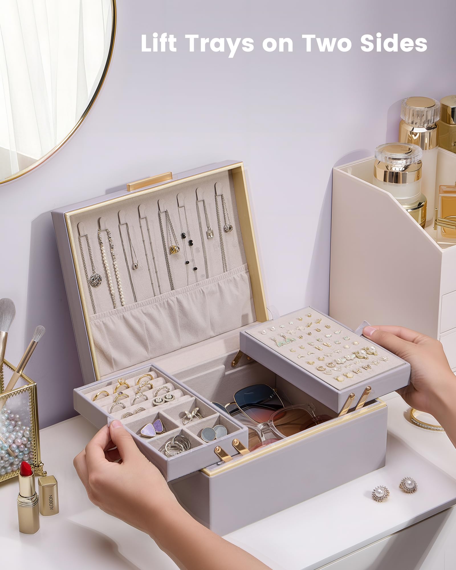 Lolalet Boîte à Bijoux, Coffret de Rangement pour Bijoux en Cuir PU, Multi-Compartiments pour Colliers, Bagues, Boucles d’oreilles, Bracelets et Lunettes de Soleil -2 Niveaux, Violet Brume