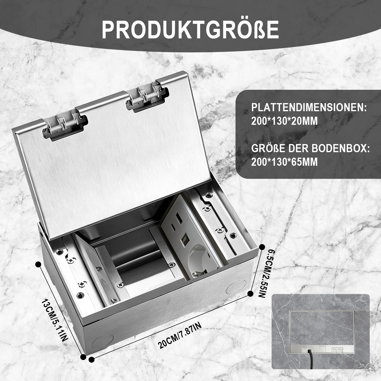 Versenkbare Bodensteckdose (20 x 13 x 6.5 cm)Einbausteckdose Bodensteckdose | Edelstahl Wasserdichte mit 3 Steckdosen 2 Netzwerkkabelanschlüsse für Küche Wohnzimmer Büro und geschützten Außenbereich