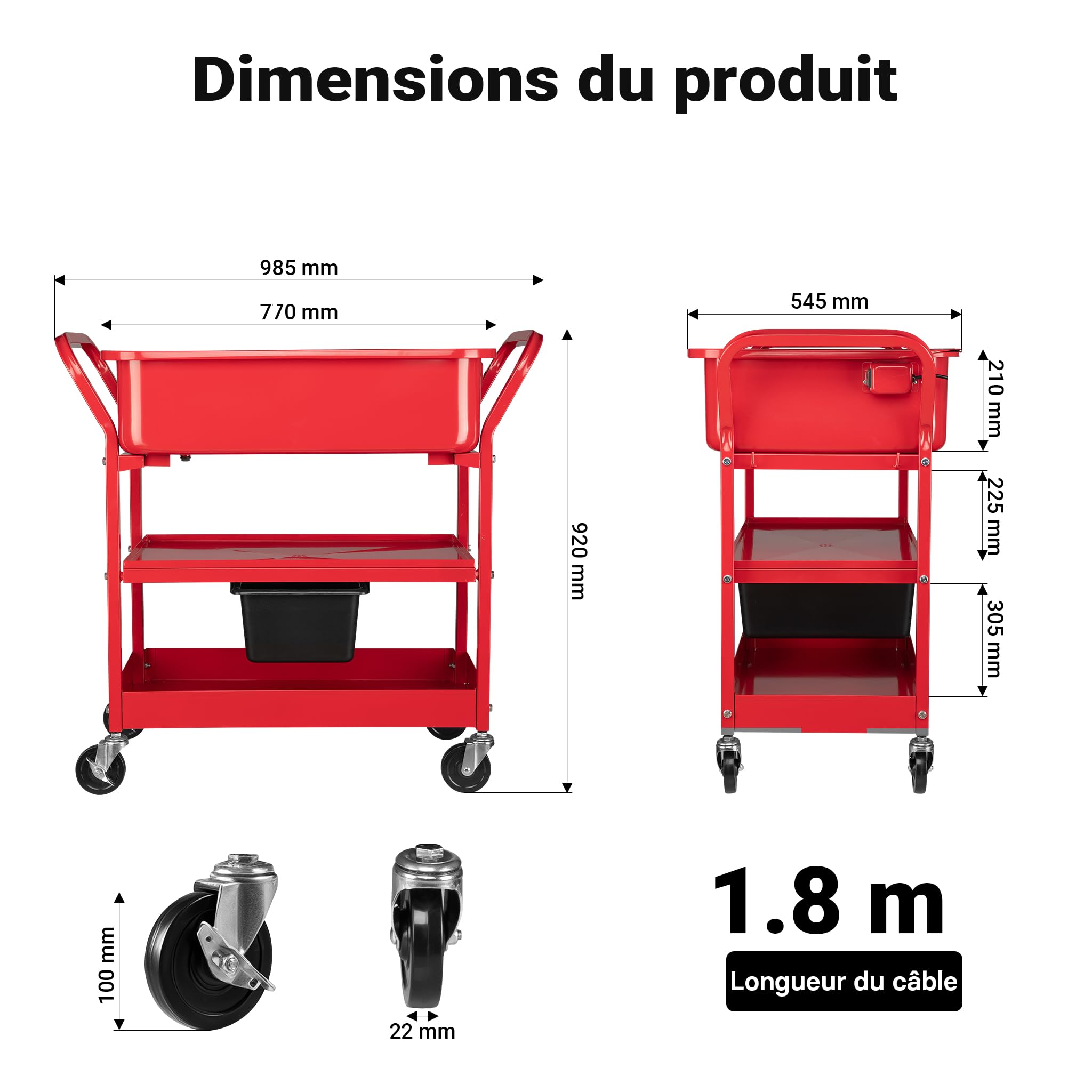 Wiltec Fontaine de dégraissage et nettoyage de pièces mécaniques – 711 x 483 x 208 mm – Bac de lavage 75,7 l avec pompe et chariot mobile – Garage Atelier