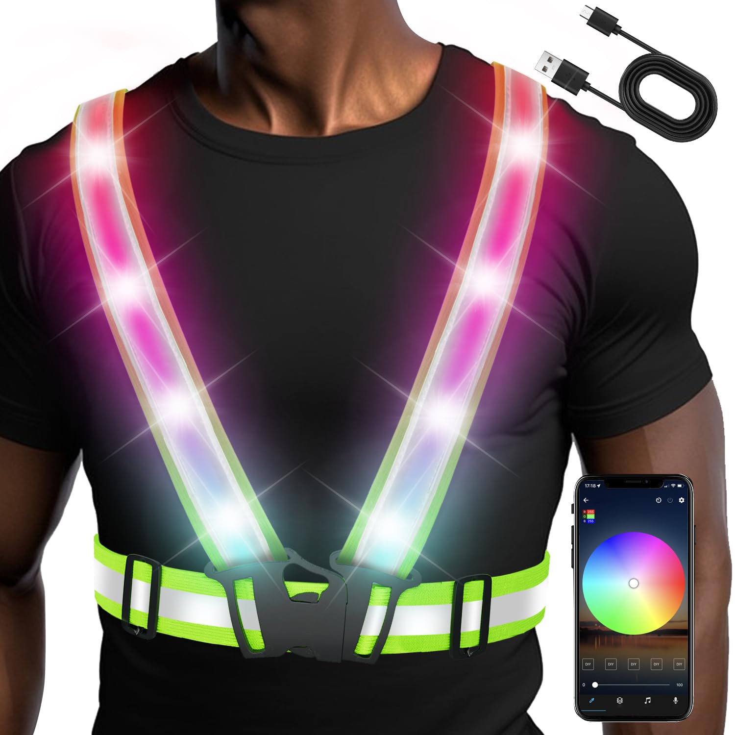 OLIKERReflective Vest, Reflective Running Gear with Smart Phone APP Bluetooth Remote Control Function Running Lights for Runners, RGB Color Changing LED Waterproof USB Rechargeable Reflective Vest